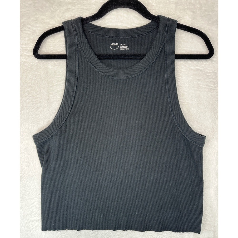 Aerie Ribbed Tank Top Womens XXL Black Cropped High Neck Sleeveless